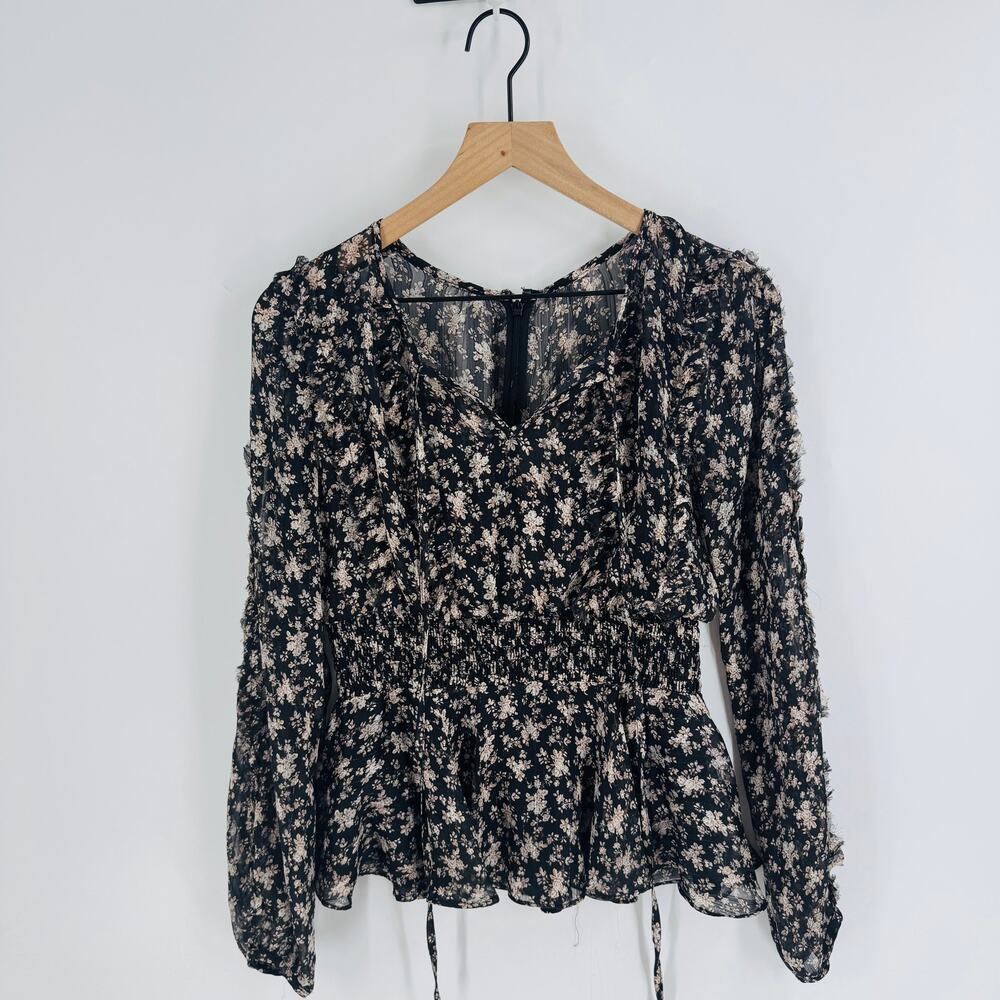 CLEARANCE Mikael Aghal Black‎ Floral Sheer Smocked Waist Peplum Top Size 2